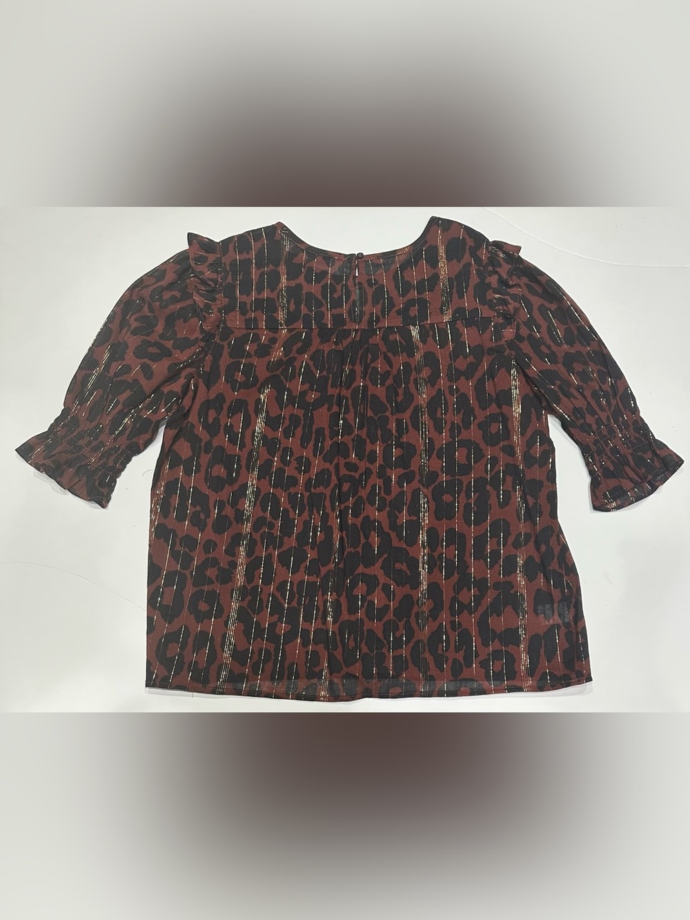 NEW, LOFT Cotton Blend Elbow Sleeve Blouse Ruffle Cheetah Brown, Black, Gold - Picture 11 of 13